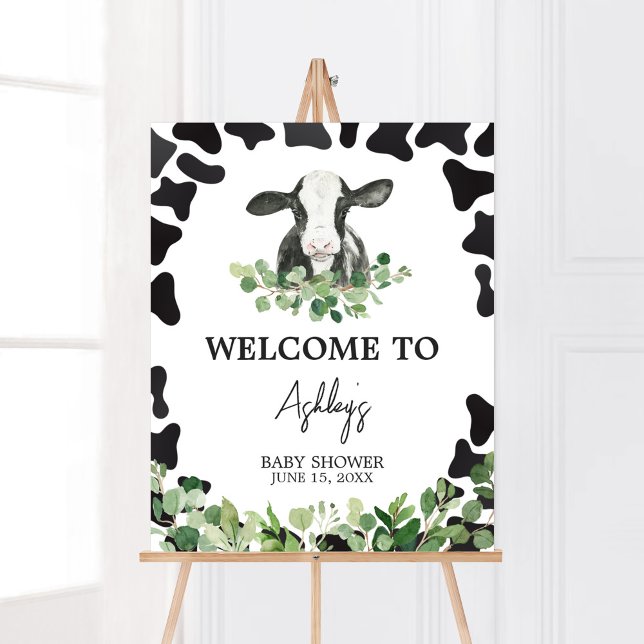 Poster Baby shower de la Vache Sainte verdure Bienvenue (Gender Neutral Highland Cow Baby Shower Welcome Sign)