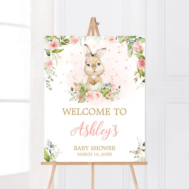 Poster Baby shower de lapin rose Floral (Girl Peter Rabbit Baby Shower Welcome Sign)