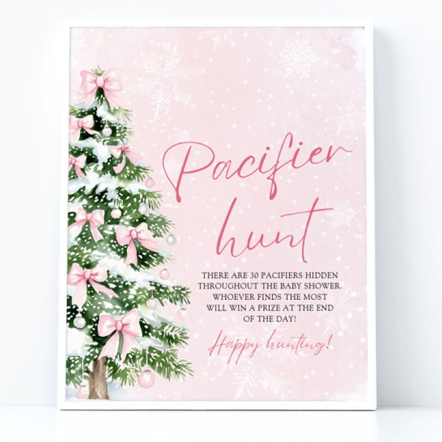 Poster Baby shower de l'arbre de Noël Pink Bow (Pink Bow Christmas Tree Baby Shower Pacifier Hunt Game Sign)