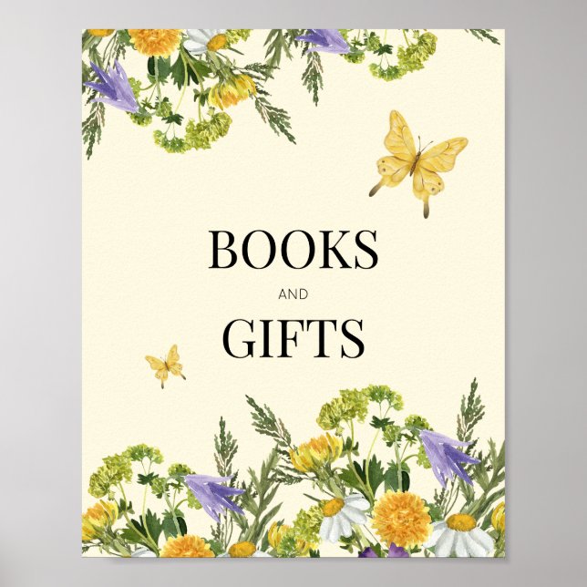 Poster Baby shower de livres et cadeaux fleurs sauvages (Devant)