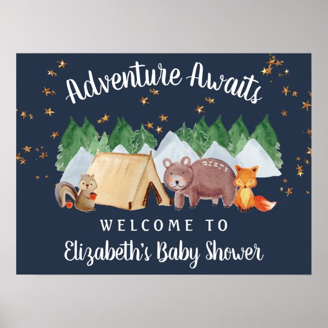 Poster Baby shower de nuit Rustique Woodland Animaux (Devant)