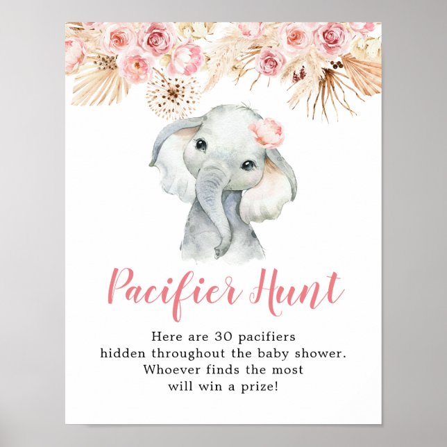 Poster Baby shower de Pacifier Boho rose Elephant Girl (Devant)