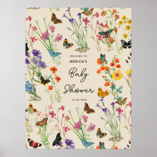 Poster Baby shower de papillons Fleur sauvage aquarelle