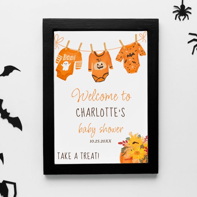 Poster Baby shower de petit boite d'Halloween fleuri d'ac (Welcome floral Halloween little boo baby shower Poster)