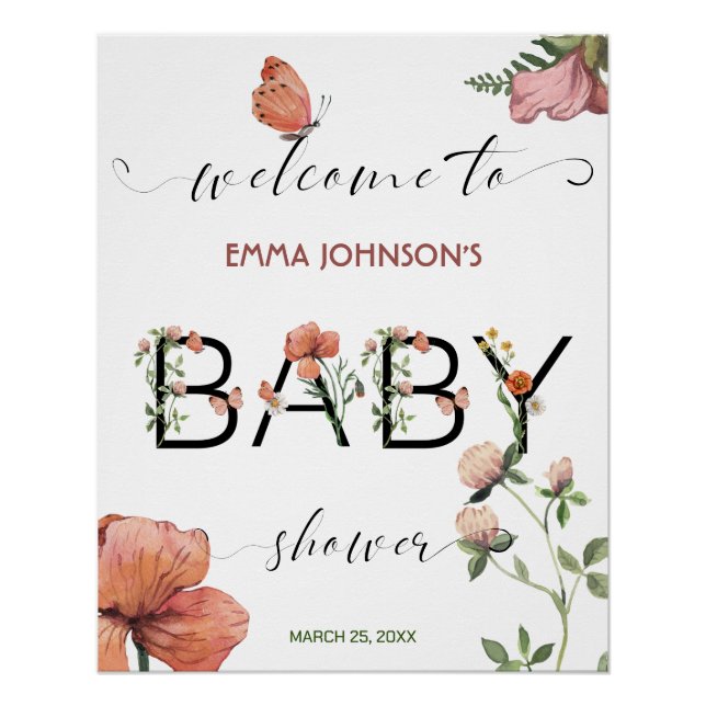 Poster Baby shower de Poppies rose aquarelle Bienvenue (Devant)