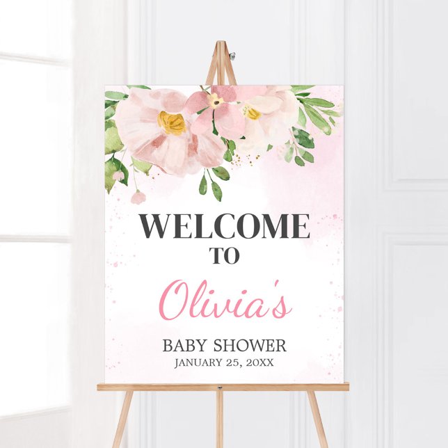 Poster Baby shower de printemps rose vif Bienvenue (Blush Pink Spring Floral Baby Shower Welcome Sign)