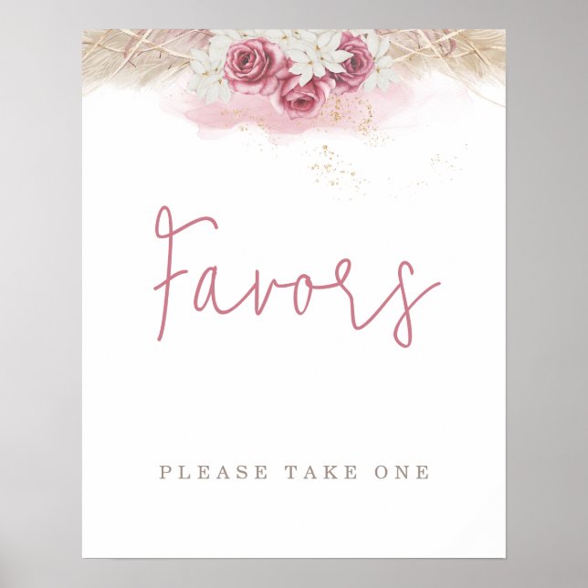 Poster Baby shower de roses roses boho tropicales Faveurs (Devant)