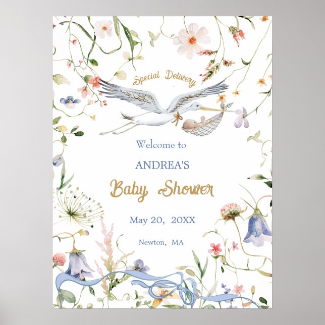Poster Baby shower de ruban Fleur sauvage Stork Bienvenue (Devant)