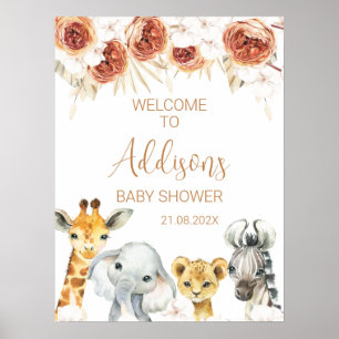 Poster Baby shower de Safari Floral Orange Brûlé Bienvenu