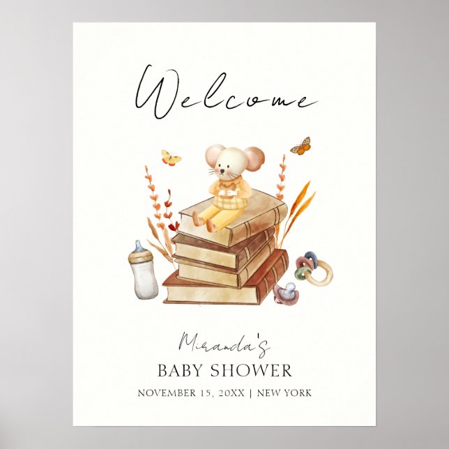 Poster Baby shower de souris de livres neutres pour les f (Devant)
