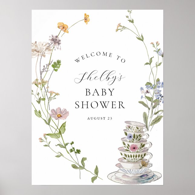 Poster Baby shower de thé fleur sauvage Bienvenue (Devant)