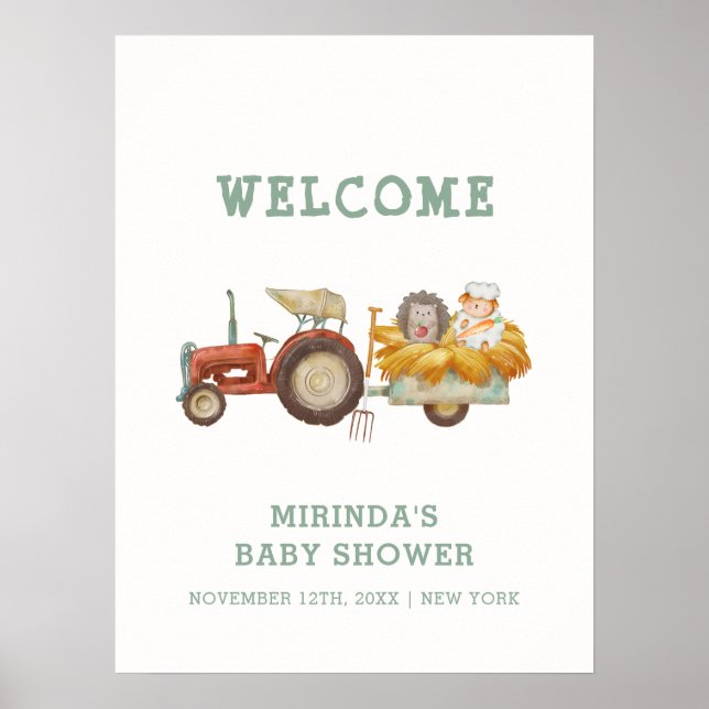 Poster Baby shower de tracteur de ferme de hérisson migno (Devant)