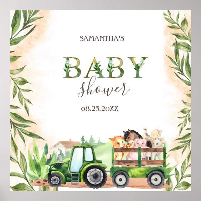 Poster Baby shower de tracteur pour animaux de ferme aqua (Devant)