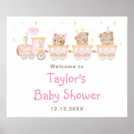 Poster Baby shower de train rose Ours