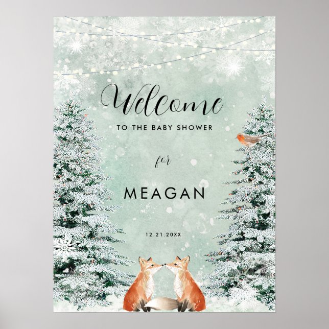Poster Baby shower de vacances Renards d'hiver signe de b (Devant)