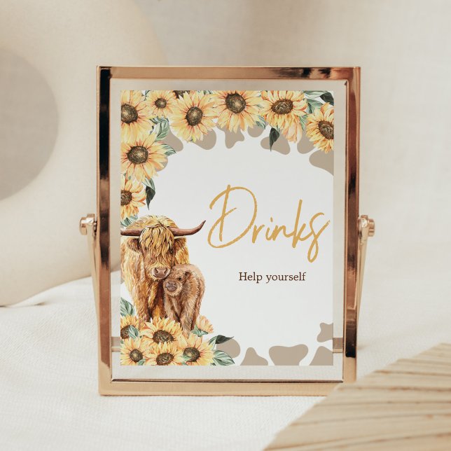 Poster Baby shower de vache Sunflower Highland Boissons (Summer Holy Cow Baby Shower Drinks Sign)