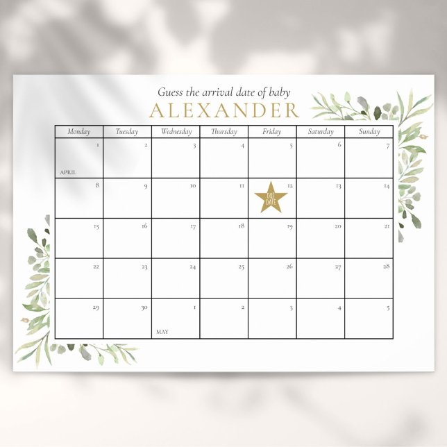 Poster Baby shower De Verdure Devinez Le Jeu Date D'Échéa (Greenery Baby Shower Guess The Due Date Game Poster)