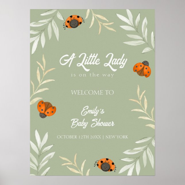 Poster Baby shower de verdure Sage Green Ladybug Bienvenu (Devant)