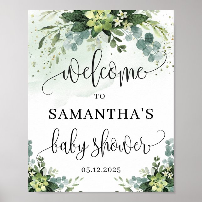 Poster Baby shower de verdure succulent signe de bienvenu (Devant)