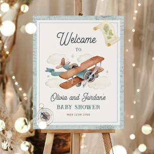 Poster Baby shower de voyage pour garçons d'avion vintage