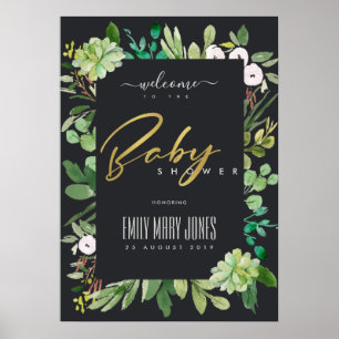 POSTER BABY SHOWER D'EAU DE COULEUR FOLIAGE SUCCULTE BIEN