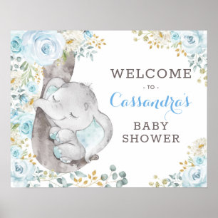 Poster Baby shower d'éléphant bleu doux à fleurs Bienvenu