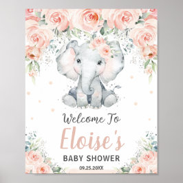 Poster Baby shower d'éléphant floral doux Bienvenue
