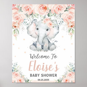 Poster Baby shower d'éléphant floral doux Bienvenue
