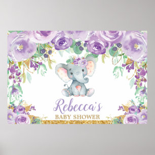 Poster Baby shower d'éléphant floral pourpre