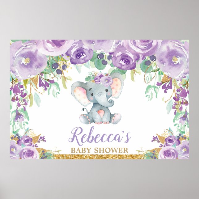 Poster Baby shower d'éléphant floral pourpre (Devant)