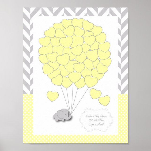 Poster Baby shower d'éléphant gris jaune, blanc - Invité (Devant)