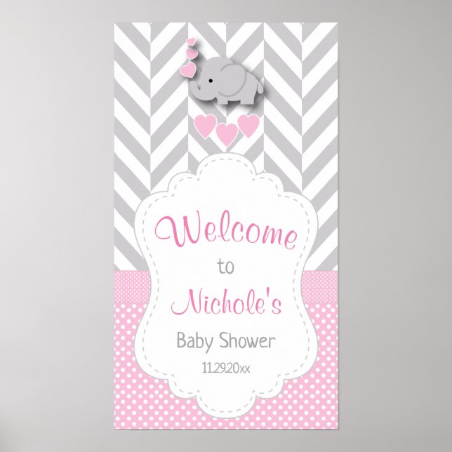 Poster Baby shower d'éléphant rose, blanc et gris (Devant)