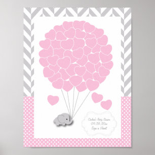Poster Baby shower d'éléphant rose, blanc, gris 2 - Invit