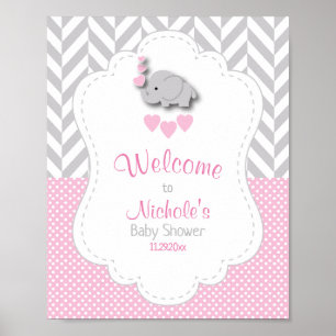Poster Baby shower d'éléphant rose et gris blanc