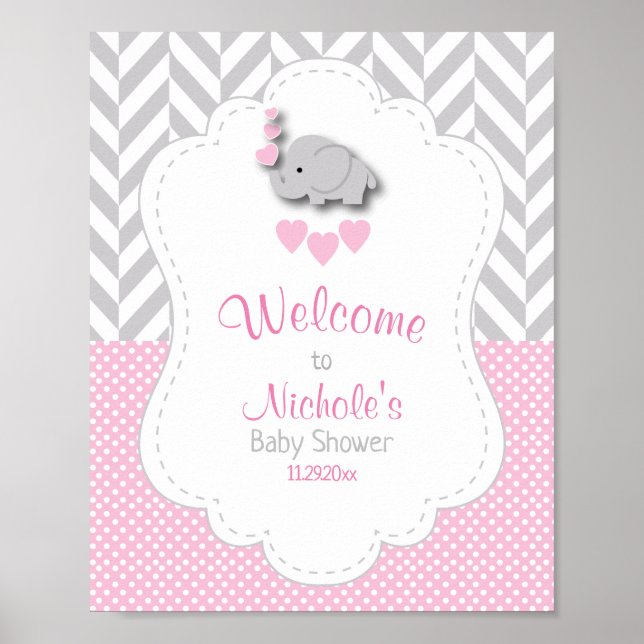 Poster Baby shower d'éléphant rose et gris blanc (Devant)