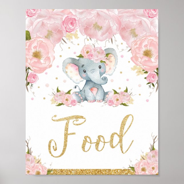 Poster Baby shower d'éléphant rose Floral (Devant)