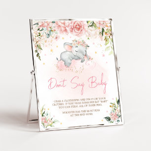 Poster Baby shower d'éléphant rose floral ne pas dire béb