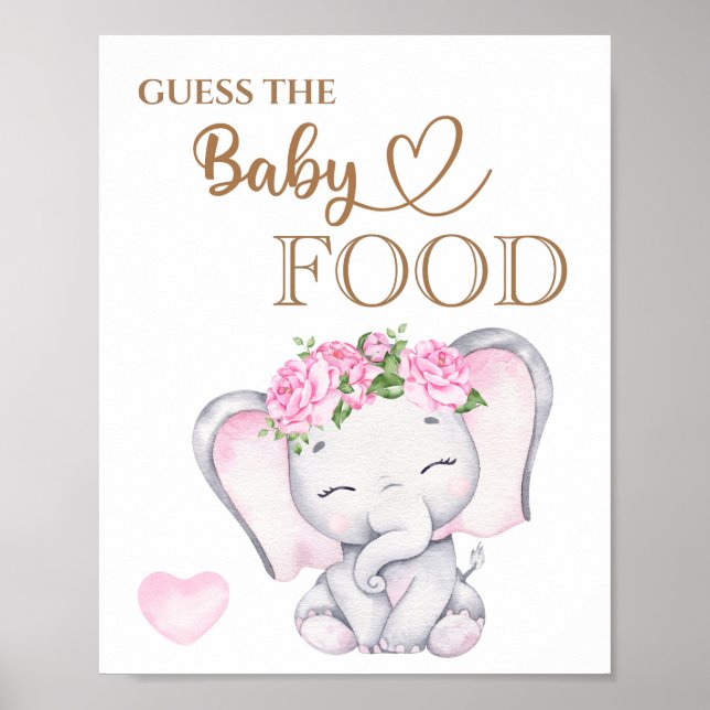Poster Baby shower d'éléphant rose Guess the Baby Food (Devant)