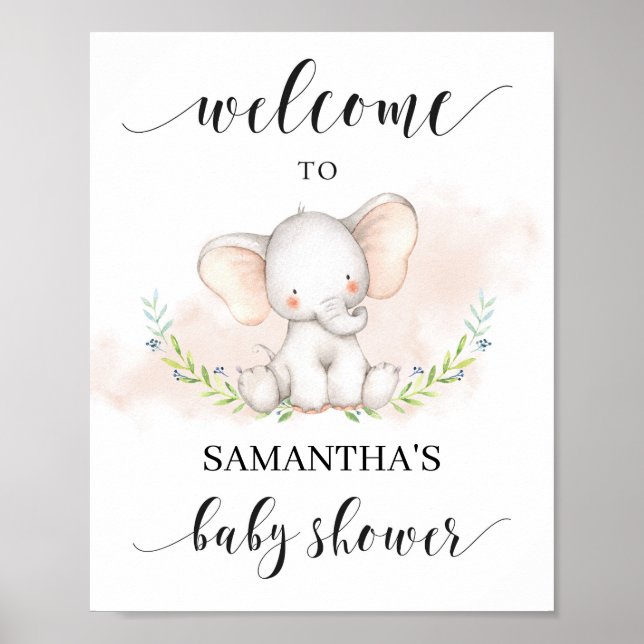 Poster Baby shower d'éléphant rose signe de bienvenue 8x1 (Devant)