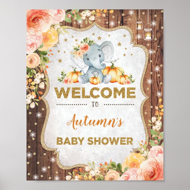 Poster Baby shower d'éléphants floraux de automne rustiqu (Devant)