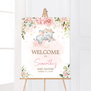 Poster Baby shower d'éléphants floraux rose Bienvenue