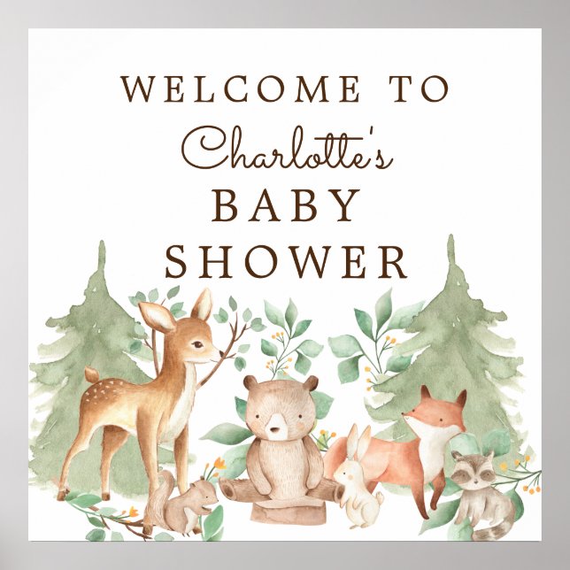 Poster Baby shower des animaux de bois Bienvenue (Devant)