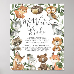 Poster Baby shower des animaux de bois Mon eau Broke