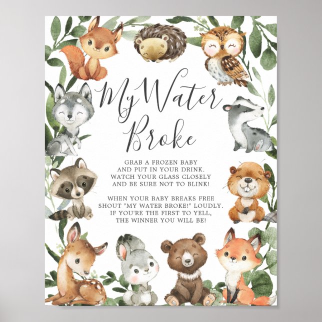 Poster Baby shower des animaux de bois Mon eau Broke (Devant)