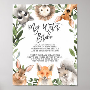 Poster Baby shower des animaux de bois Mon eau Broke Sign