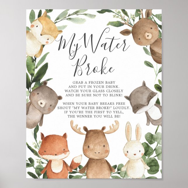 Poster Baby shower des animaux de bois Mon eau Broke Sign (Devant)