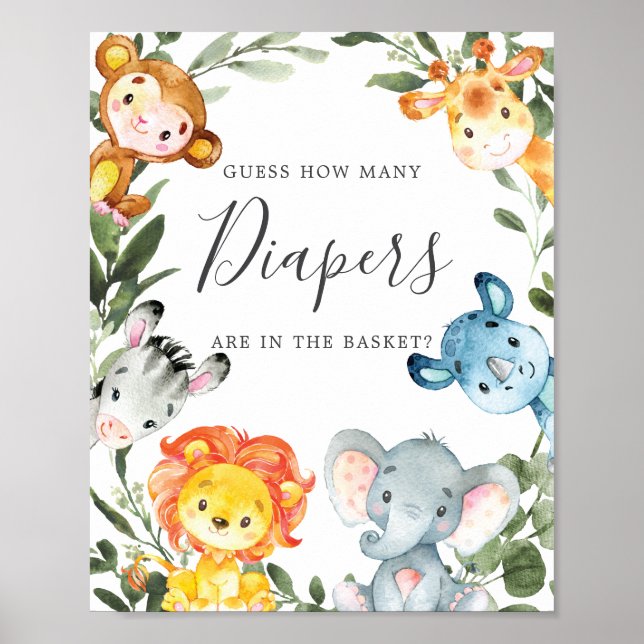 Poster Baby shower Des Animaux De La Jungle Devinez Combi (Devant)