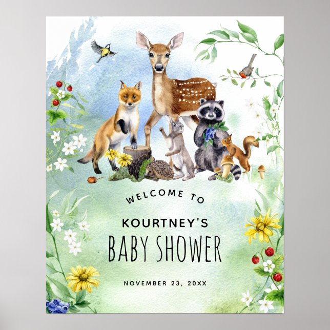 Poster Baby shower des animaux forestiers de bois Bienven (Devant)