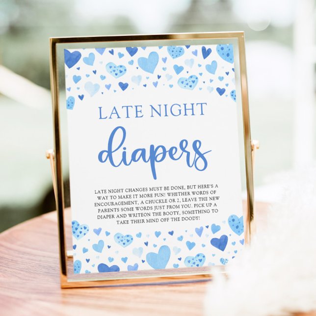 Poster Baby shower des Diapeurs de nuit de la Saint Valen (Watercolor Cute Blue Hearts Valentine Sweetheart Baby Boy Late Night Diapers Baby Shower Game Sign)