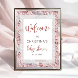 Poster Baby shower des flocons d'argent rose hiver Bienve